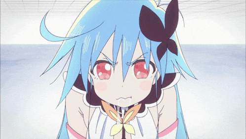 a girl with blue hair and a flower on her head