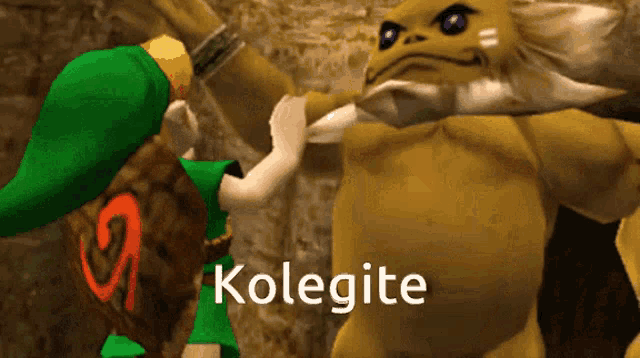 a video game character is standing next to a monster and the word kolegie is on the bottom
