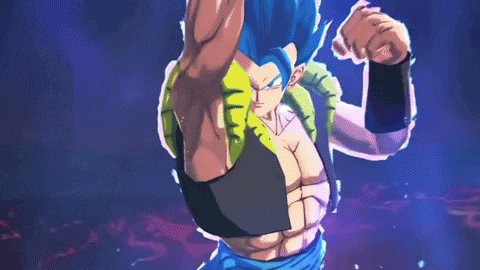 a cartoon character with blue hair and muscles is dancing on a dark blue background .