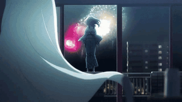 a woman in a kimono stands on a balcony looking out at fireworks