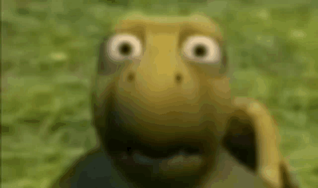 a close up of a cartoon turtle looking at the camera .