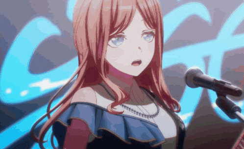 a girl singing into a microphone with a blue background