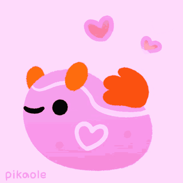 a drawing of a pink fish with hearts around it and the name pikaole on the bottom