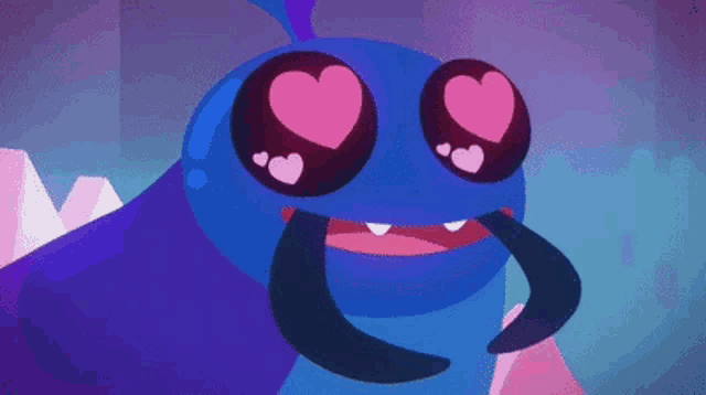 a cartoon character with hearts in his eyes and a purple background