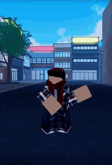 a person in a plaid shirt and scarf is standing in front of a building