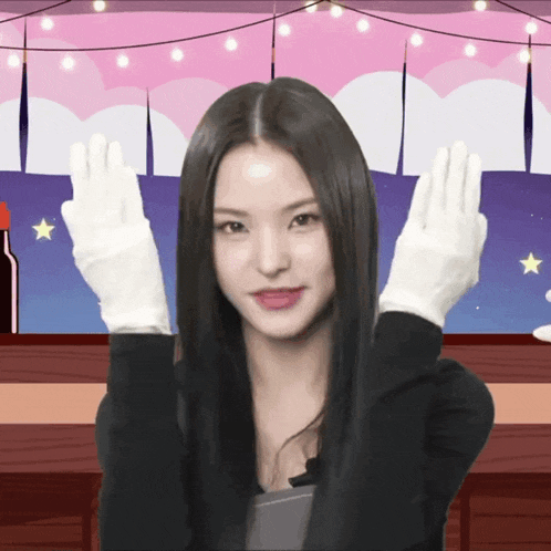 a woman wearing white gloves is making a funny face