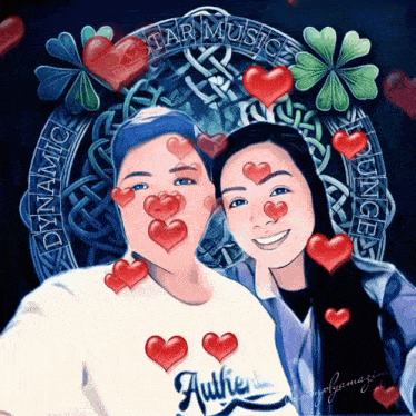 a drawing of a man and a woman with hearts on their faces and the words dynamic star music on the bottom