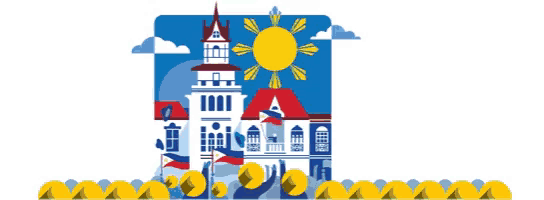 an illustration of a building with a clock tower and a sun behind it