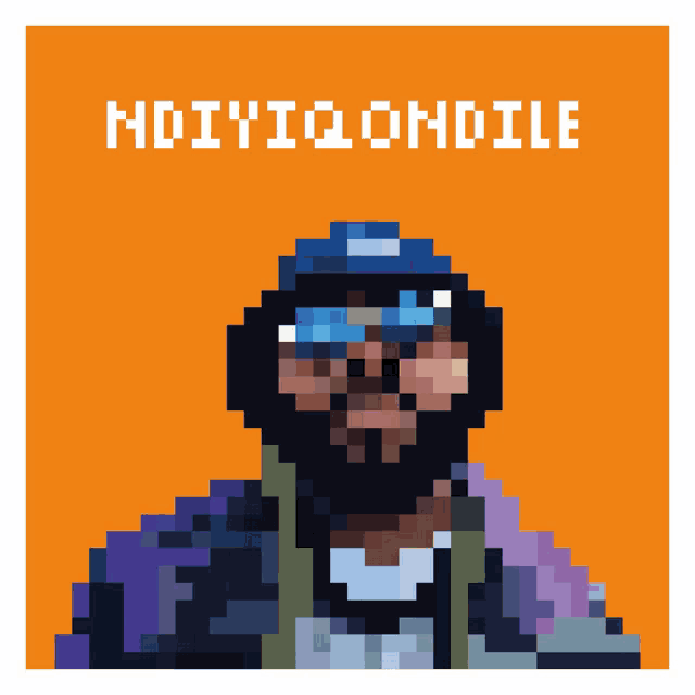 a pixel art of a man wearing sunglasses and a blue hat with the word hoiyiq on the bottom right