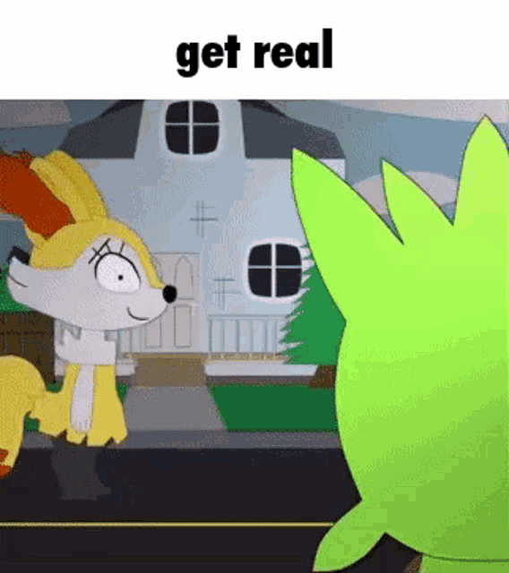 a cartoon fox and a green leaf are standing next to each other on the street .
