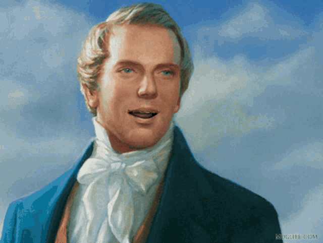 a painting of a man in a blue suit with a white tie and bow tie