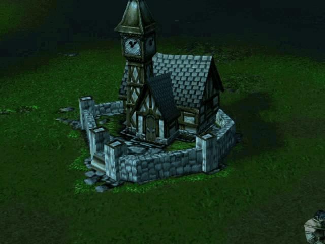 a castle with a clock tower and a fence around it