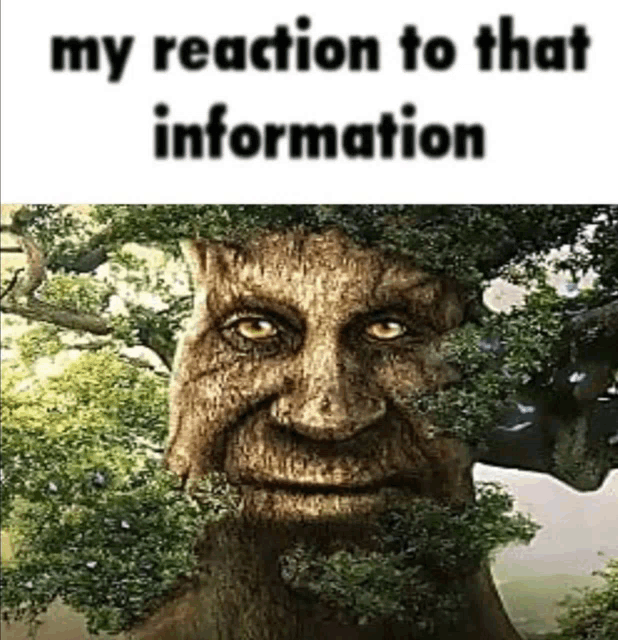 a picture of a tree with a face on it and the words `` my reaction to that information '' below it .
