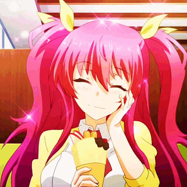 a girl with pink hair is holding a crêpe in her hand