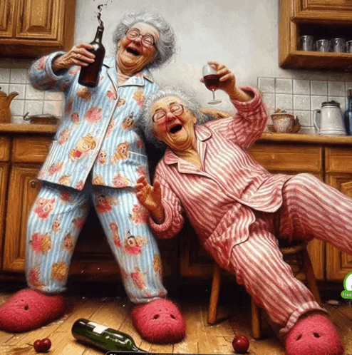a painting of two elderly women in pajamas holding wine glasses