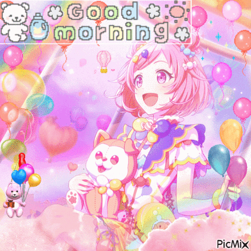 a girl with pink hair is holding a teddy bear in front of balloons and the words good morning