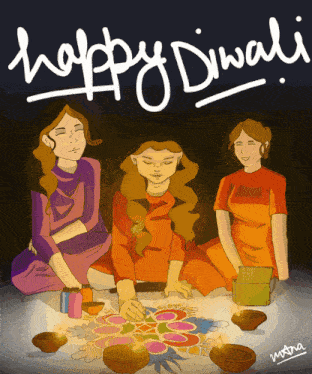 a drawing of three women sitting on the floor with the words happy diwali written above them
