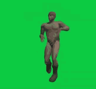 a naked man is dancing on a green screen while wearing a hat and underwear .
