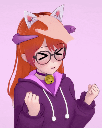 a girl with glasses and cat ears is being touched by someone 's hand