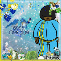 a cartoon of a man in a blue outfit says good morning