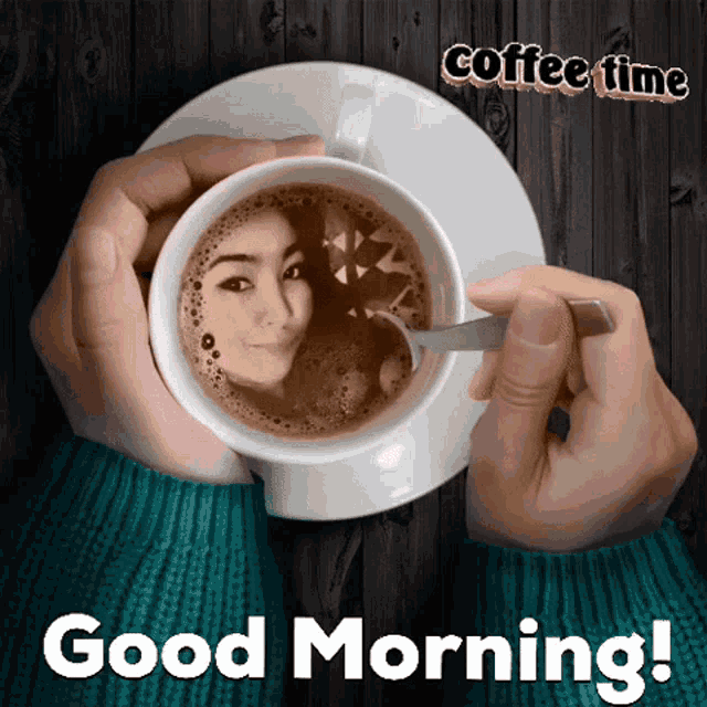 a person holding a cup of coffee with a picture of a woman in it