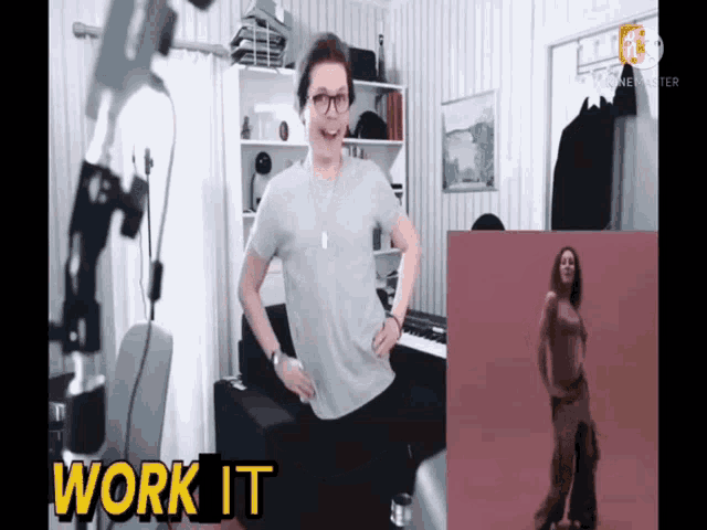 a man in a grey shirt stands in front of a woman in a pink dress with the words work it written below him