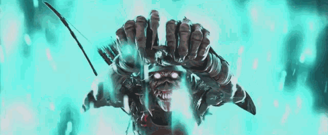 a skeleton with glowing eyes is holding a sword in his hands
