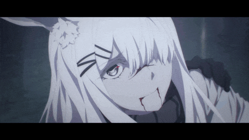 a close up of a white anime character with a bloody tongue