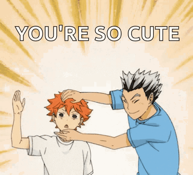 a cartoon of a man petting another man 's head with the words you 're so cute