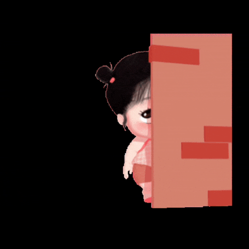 a little girl with a cherry on her shirt is peeking out from behind a wall