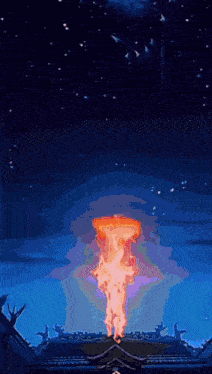 a painting of a fire coming out of a building