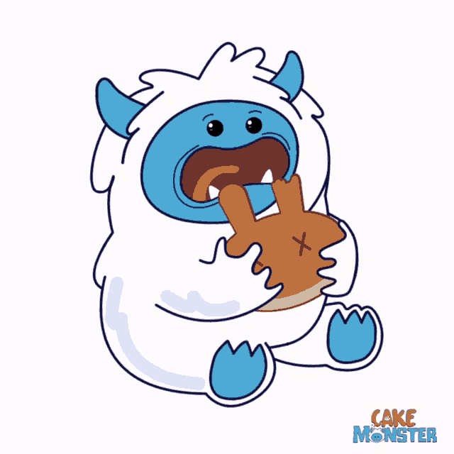 a cartoon drawing of a yeti eating a cookie with cake monster written on the bottom