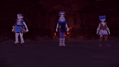 three purple clouds are floating in a dark cave .