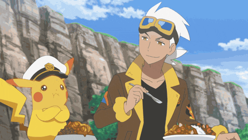 a man and a pikachu are eating food together