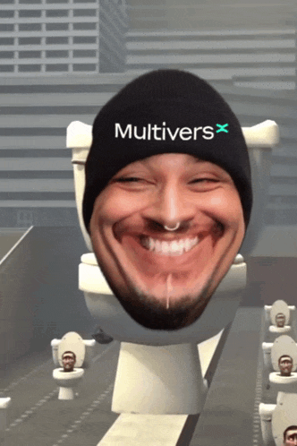 a man wearing a black hat with the word multivers on it is sitting on a toilet