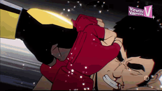 a cartoon of a man being punched with a purple sign that says vieutiful valentine