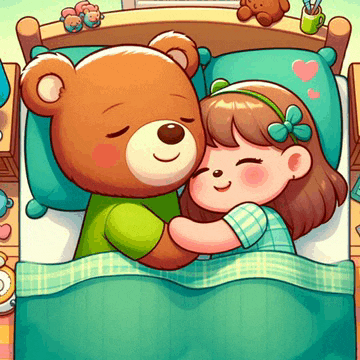 a girl is hugging a teddy bear in bed