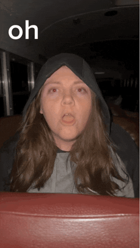 a woman wearing a hooded jacket with the word oh above her head