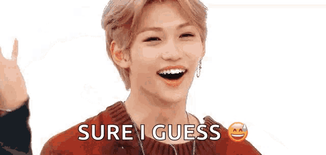 a young man is smiling and saying `` sure i guess '' with an emoji .