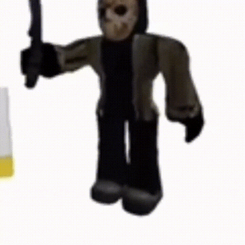 jason voorhees from roblox is holding a sword in his right hand .