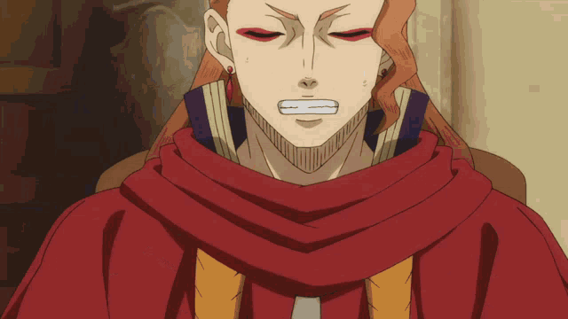 a man with red hair and a scarf around his neck has a white mouth