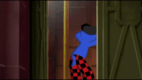 a cartoon character is standing in a doorway with his hand on the door