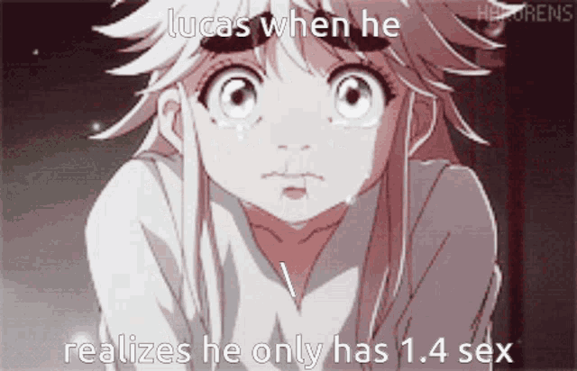 lucas when he realizes he only has 1.4 sex is written on a picture of a girl