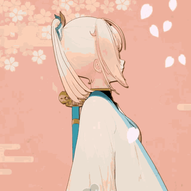 a girl with a ponytail stands in front of a pink background