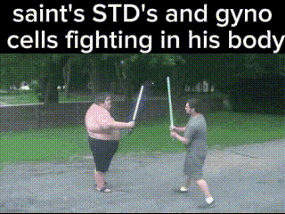 two men are fighting with lightsabers in a park and the caption says saint 's std 's and gyno cells fighting