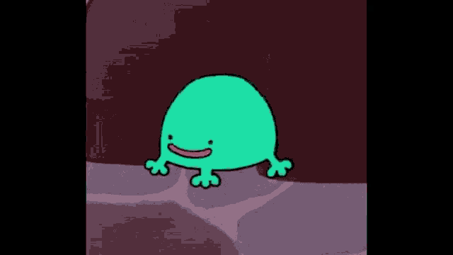 a green cartoon frog with a pink mouth is standing on a rocky surface .