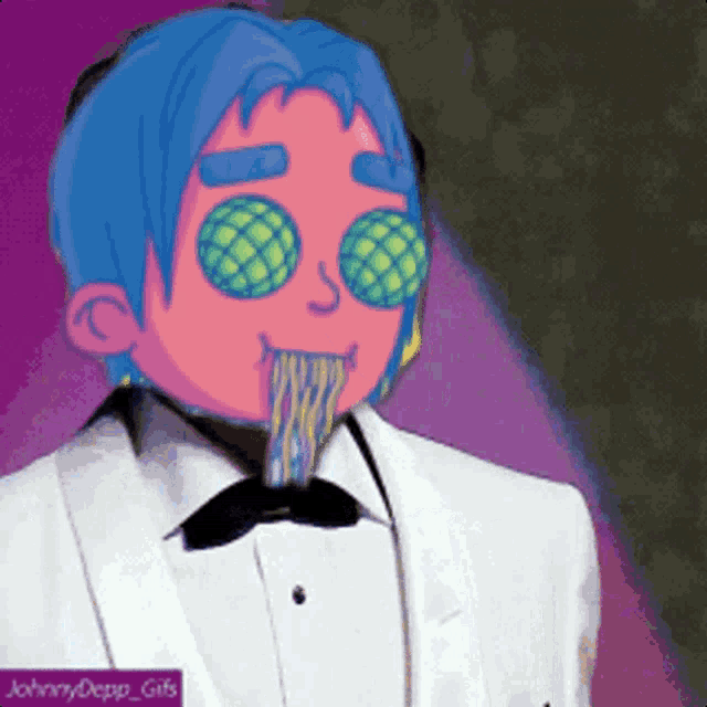 a cartoon of a man in a tuxedo with noodles coming out of his mouth and a purple background