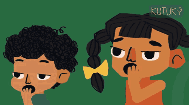 a boy and a girl are standing next to each other and the girl has a yellow bow in her hair and the boy has curly hair