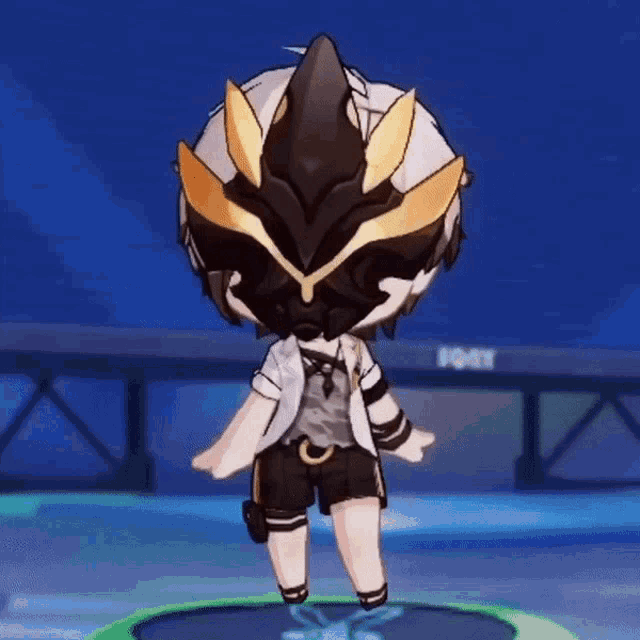 a cartoon character with a mask on his head is standing on a green platform .