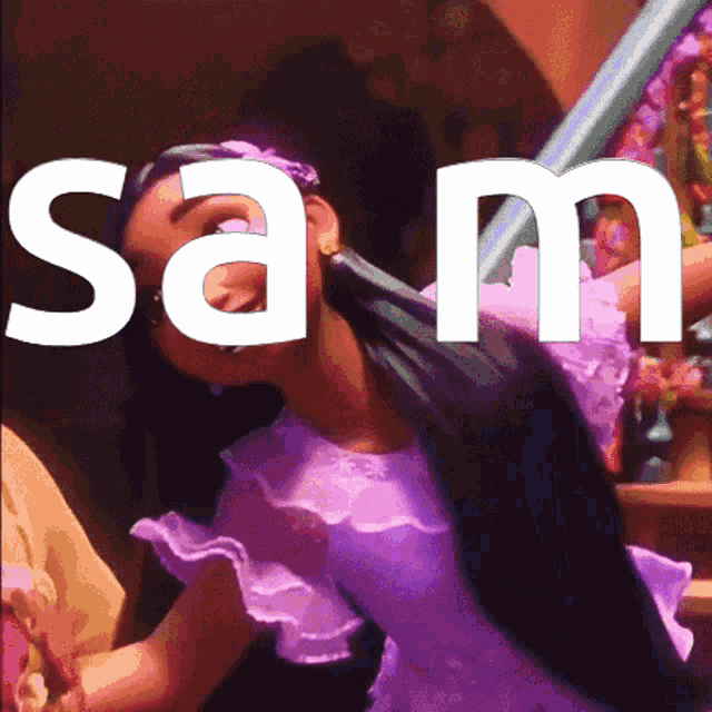 a woman in a purple dress with the name sam written above her